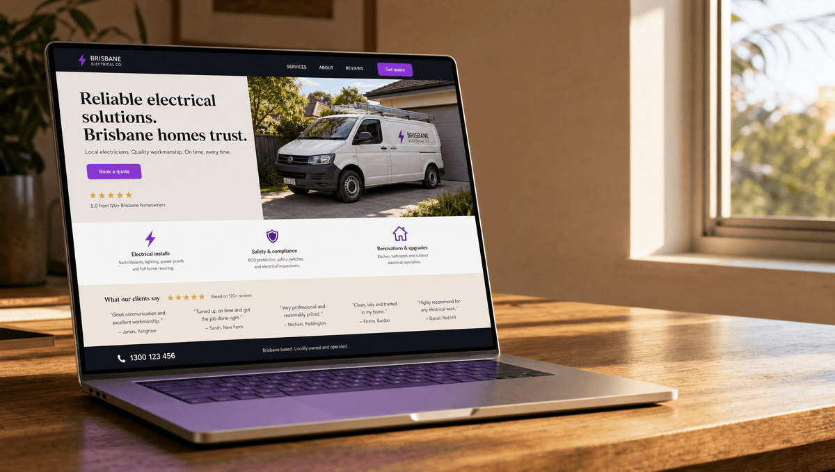 A modern laptop on a warm wood desk in a sunlit Brisbane home office displays a finished one-page tradies website — hero photo of a white work van, services grid, testimonials, and phone number footer