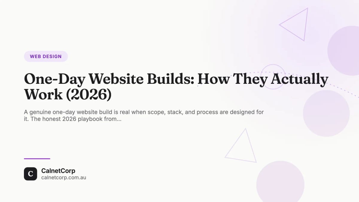 A modern laptop on a warm wood desk in a sunlit Brisbane home office displays a finished one-page tradies website — hero photo of a white work van, services grid, testimonials, and phone number footer