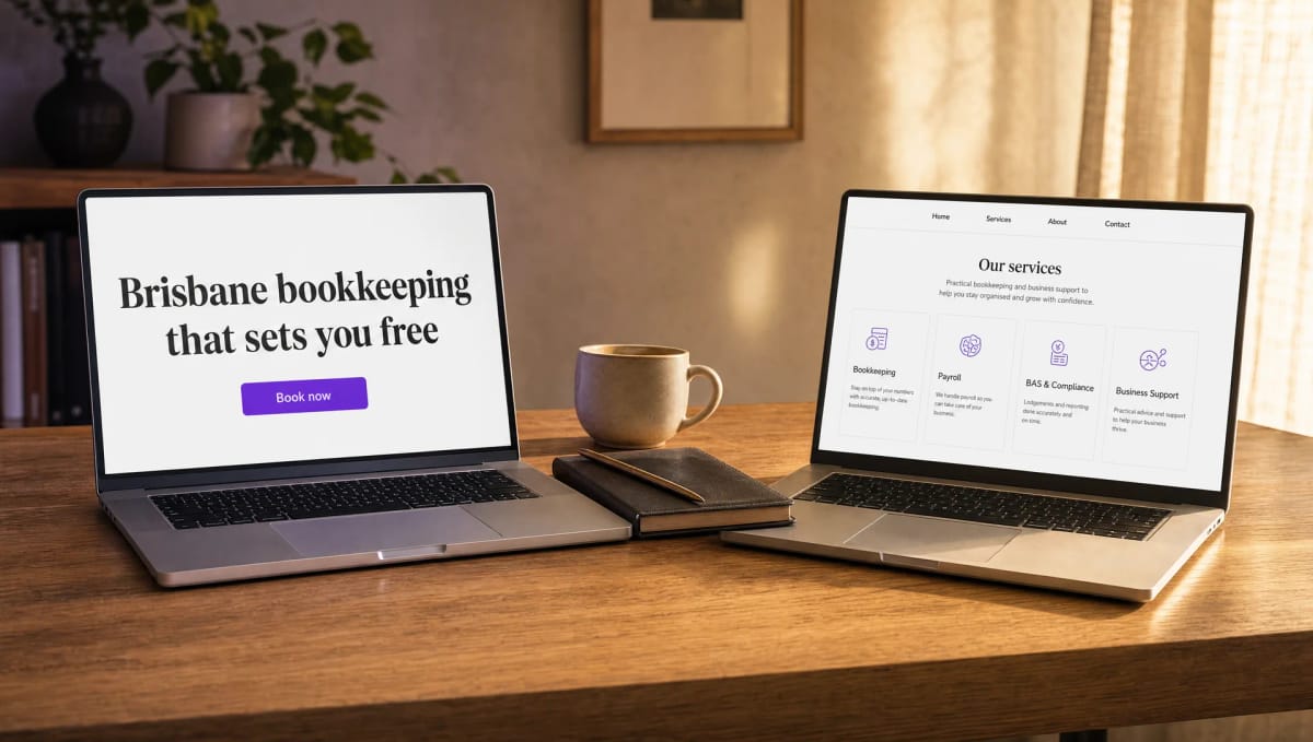 Two laptops side by side on a warm wood desk in Brisbane afternoon light - one showing a single-page service website, the other a multi-page site with a navigation menu - illustrating the one-page versus multi-page choice