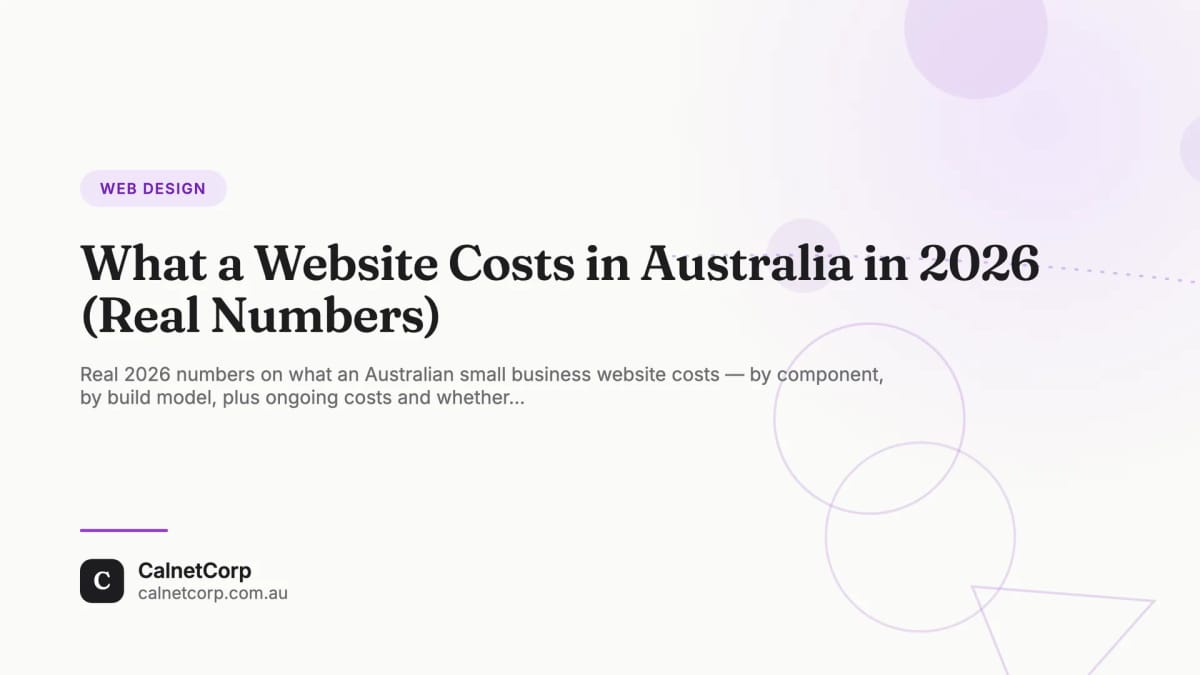 A printed website quote breakdown beside a laptop showing a finished small business website, on a warm wood desk with a calculator and a coffee in Brisbane afternoon light